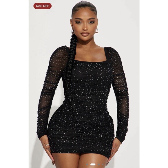 Fashion Nova Dresses & Skirts - NWT Fashion Nova Tabby Mesh Rhinestone Mini Bodycon Dress Size L Stretch
